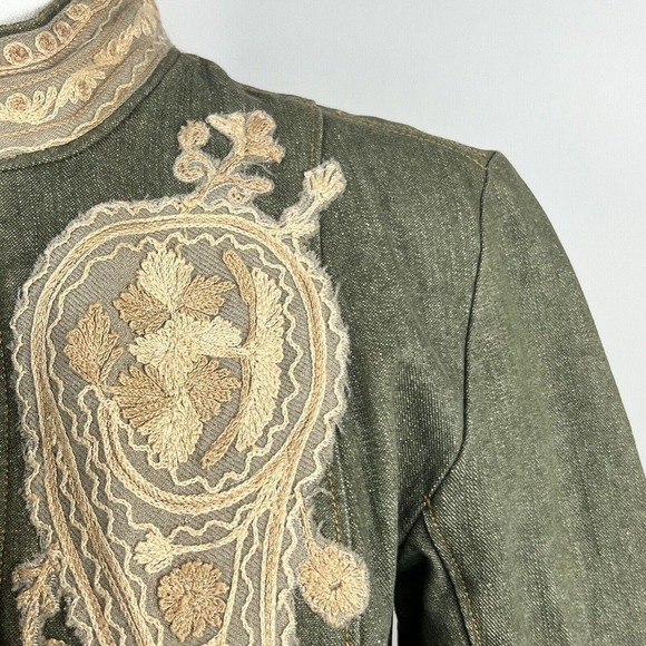 Plenty Tracy Reese Anthropologie Olive Green Embroidered Long Denim Nehru Jacket - Picture 5 of 16